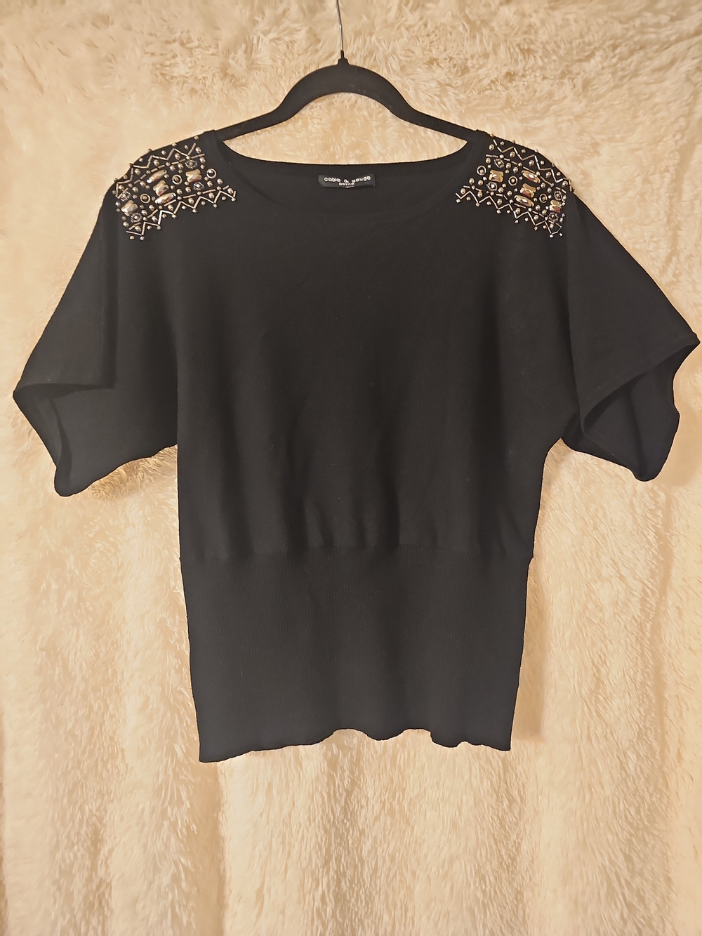 Cable & Gauge Black Embellished Shoulder Scoop Neck Sweater